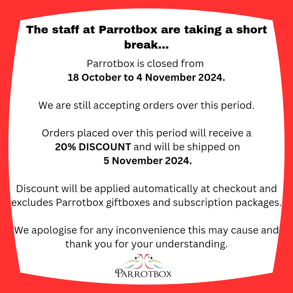 Parrotbox Is Taking a Short Break – Enjoy 20% Off While We’re Away!